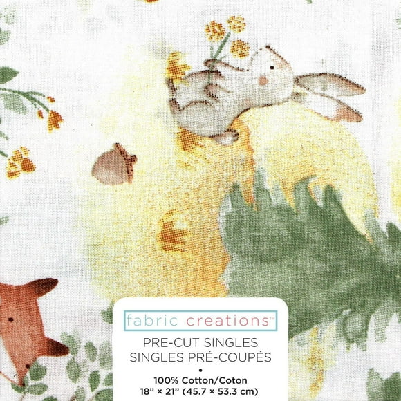 Fabric Creations White with Painted Forest Animals and Trees Fat Quarter Pre-Cut Fabric - 18" x 21" / 45cm x 53cm, 18" x 21" / 45cm x 53cm