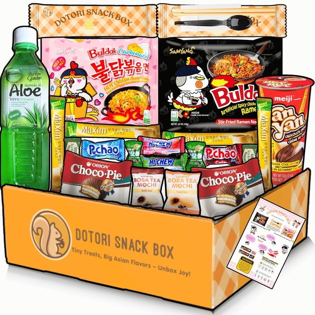 Premium International Asian Snack Box with Korean spicy chicken noodles and Exotic Snacks from Around the World - Perfect Care Package Gift for Friends, Family, and Coworkers. (Carbonara/Cre
