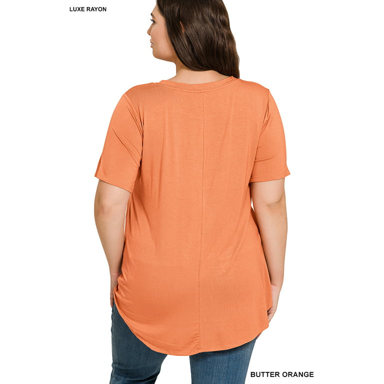 Zenana Women & Plus (S-3X) Soft Rayon Long Sleeve Dolphin Hem V-Neck Tee  Shirt Top 