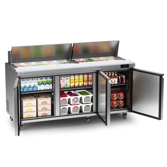 Coolake 72.7'' W Commercial Refrigerator Sandwich Salad Prep Table, 3 Door Sandwich Fridge with 18 GN 1/6 Pans