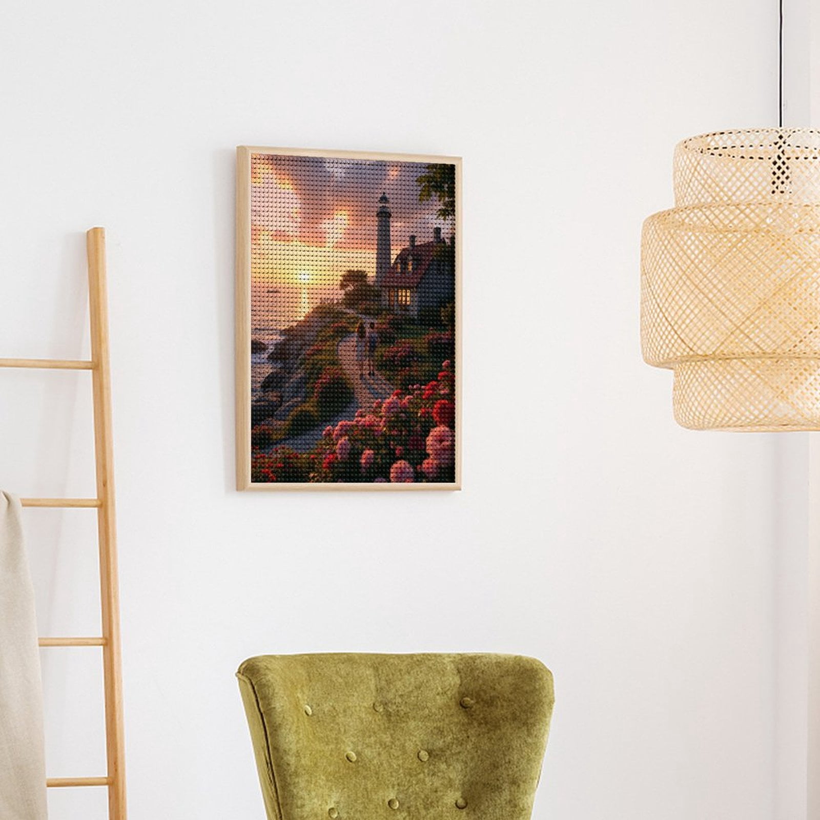 Diamond Art Kits for Adults - Sunset Lighthouse Coastal Path Roses 5d Diamond Painting for Adults, Diamond Art for Adults Beginners, Frameless Diamond Painting Kits for Adults for Home Wall Decor