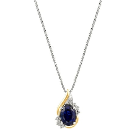 - Sterling Silver with 10kt Yellow Gold Oval Created Sapphire and Diamond Accent Pendant Necklace