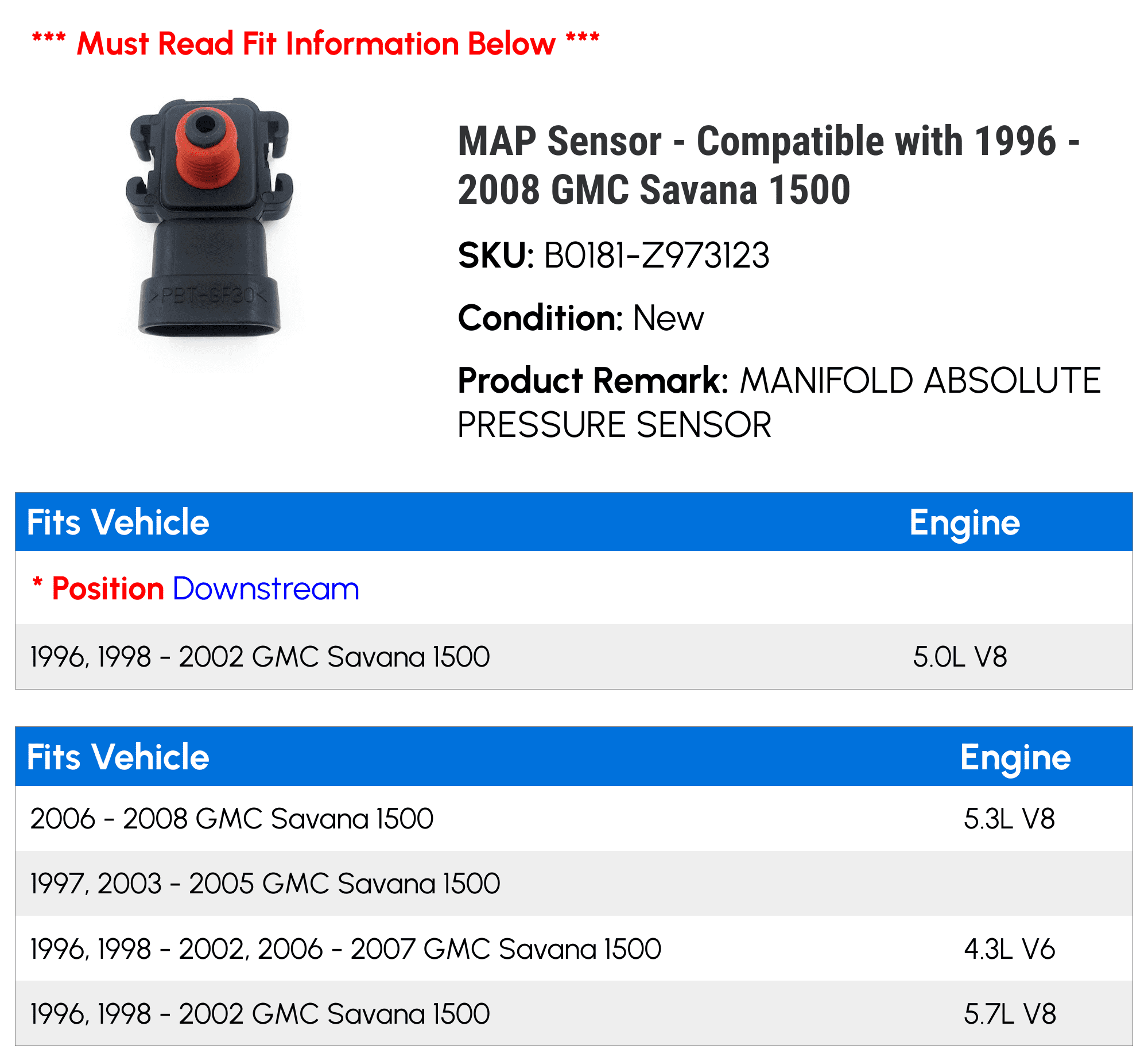 MAP Sensor - Compatible with 1996 - 2008 GMC Savana 1500 1997 1998 1999 2000 2001 2002 2003 2004 2005 2006 2007