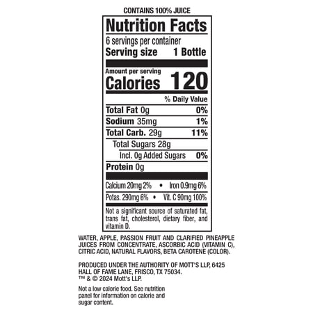 MOTT’S 100% PINEAPPLE PASSION FRUIT JUICE BLEND, 8 FL OZ, 6 COUNT BOTTLES