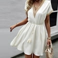 thumbnail image 4 of FRSASU Loose Swing Dress for Women V-Neck Casual Short Mini Dress Summer Beach Patchwork Dresses White, 4 of 6