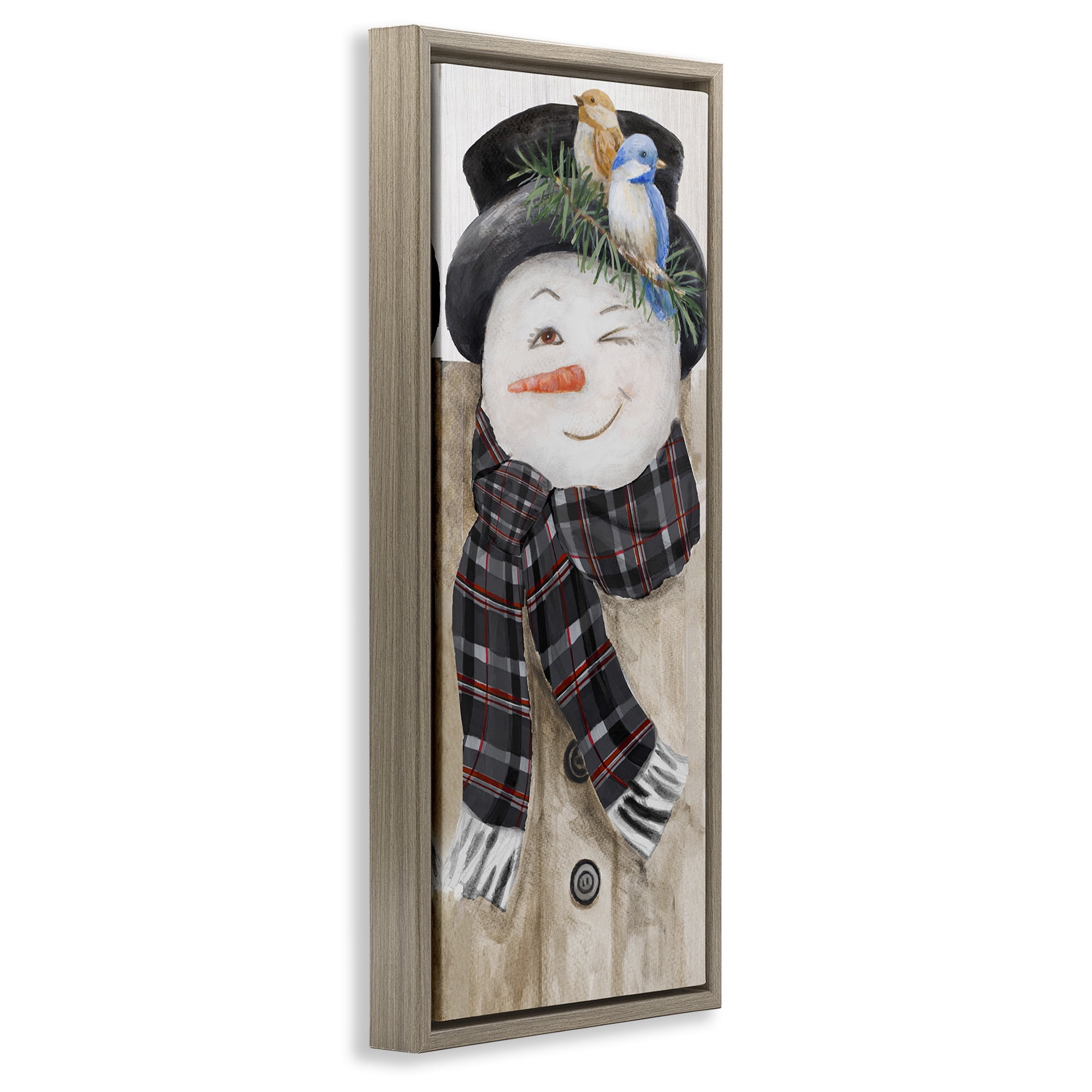 Stupell Industries Rustic Winter Snowman Wink Fairy Tales & Fantasy Painting Brown Floater Framed Canvas Art Print Wall Art, 15 x 31
