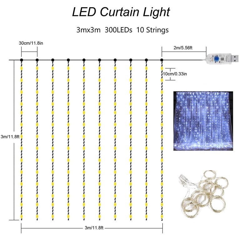 Yizhet Lichtervorhang 3x3m LED Lichterkette LED Lichterkettenvorhang mit 8 Modi, 300LEDs, IP65 Wasserdicht Deko für Weihnachten, Partydekoration, Innenbeleuchtung (Colorful)