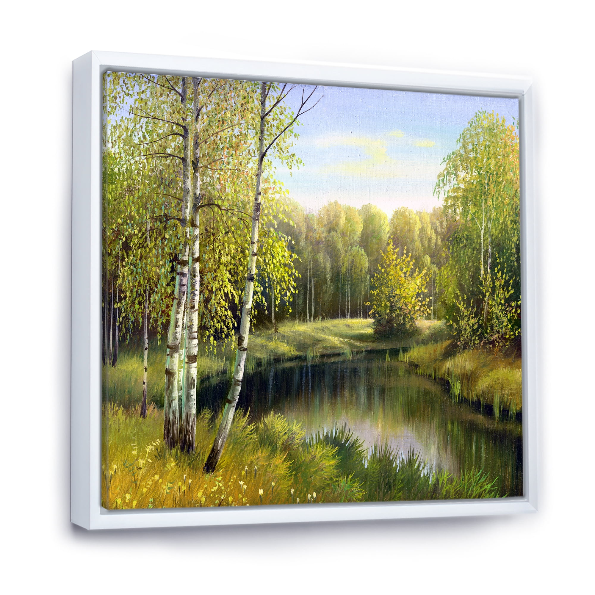 The River In Silent Green Nature Through Birches 16 in x 16 in Framed Painting Canvas Art Print, by Designart