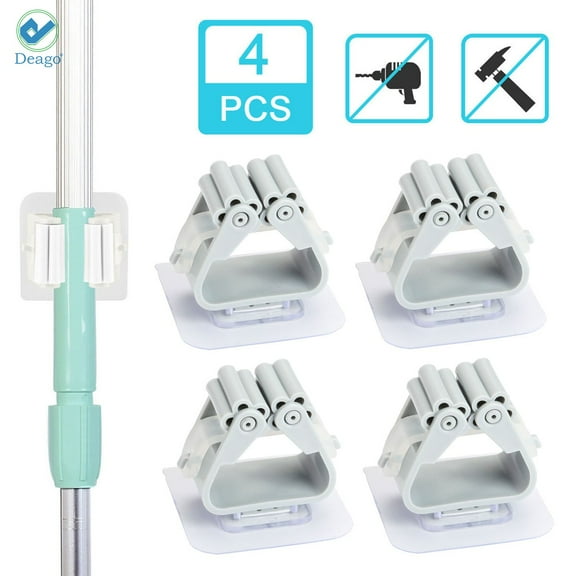 Deago 4 PCS Self Adhesive No Drilling Anti-Slip Broom Hook Mop Holder Grippers for Home, Kitchen and Wardrobe (Gray)