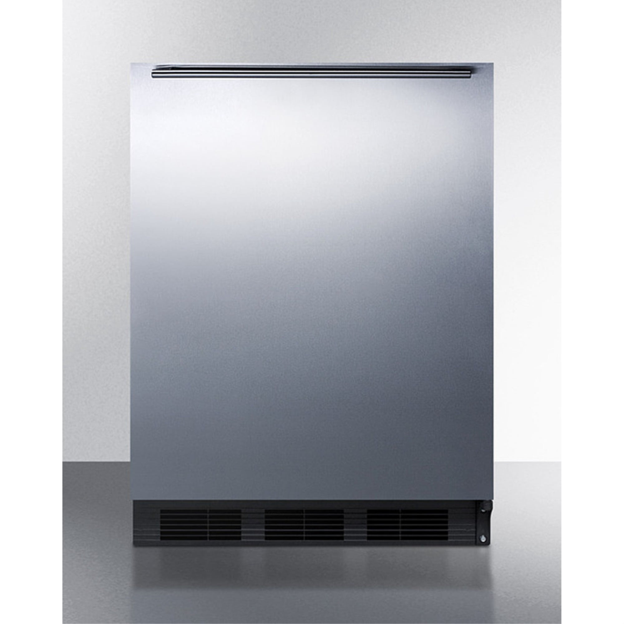 Built-in undercounter all-refrigerator for general purpose use w/automatic defrost, stainless steel wrapped door, horizontal handle, and black cabinet