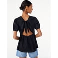 thumbnail image 3 of Scoop Women's Linen Blend Peplum Top with Puff Sleeves, 3 of 5
