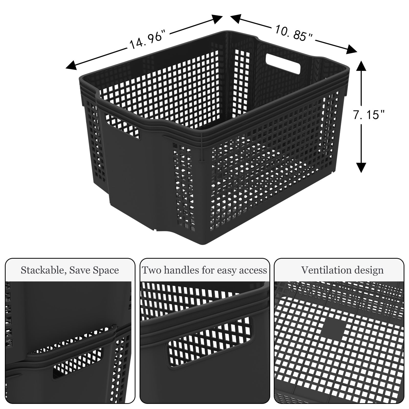 Buyitt 6-Pack Large Plastic Deep Stacking Baskets, Black Storage Baskets, Multi-Purpose, Ideal for Closets, Cabinets, Shelves, Countertops