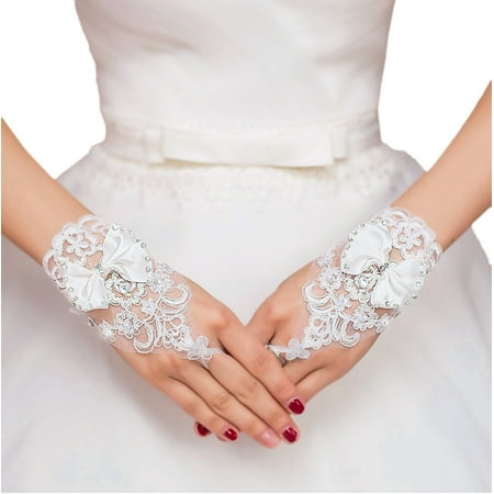 White Metallic Rhinestone Buckle Short Lace Floral Rhinestone Bowknot Fingerless Wedding Party Bridal Gloves, White ()