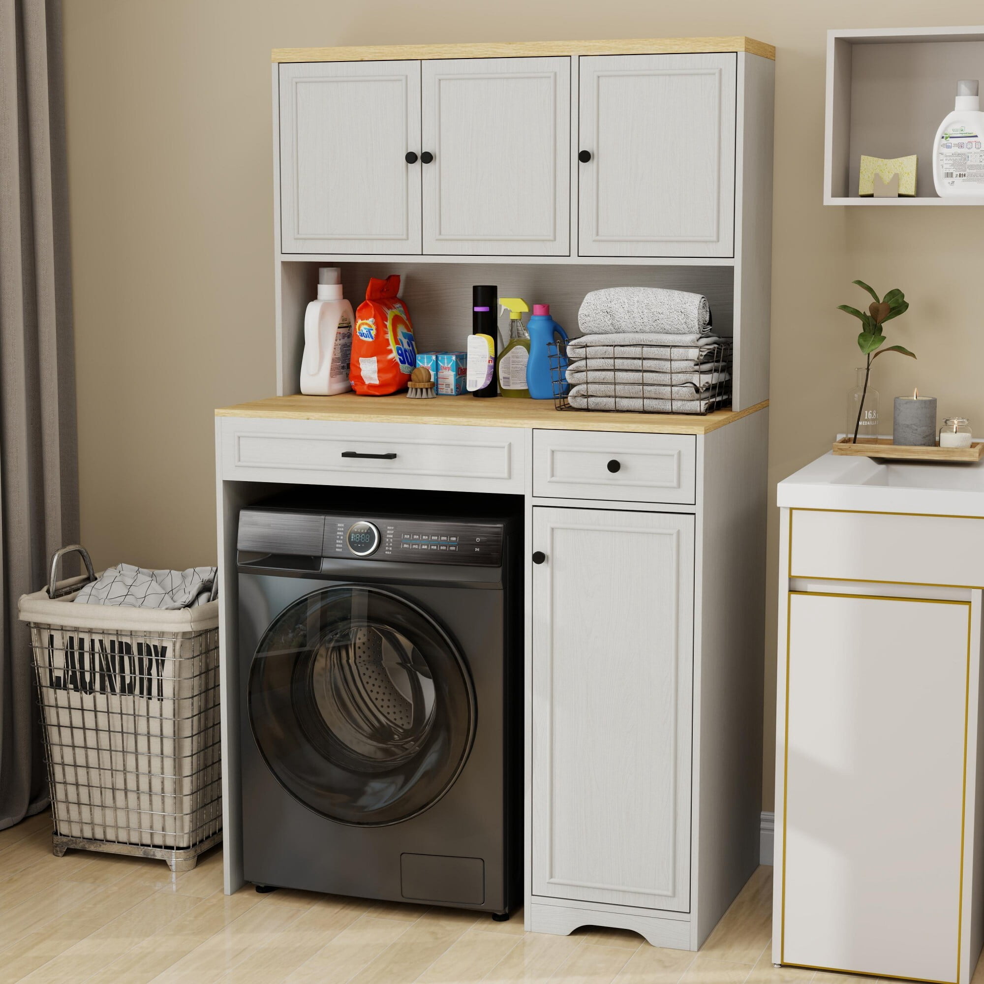 AENKYO Over-Washer Cabinet with Laundry Basket and Adjustable Shelves, Organizer for Compact Washer/Dryer, Antique White