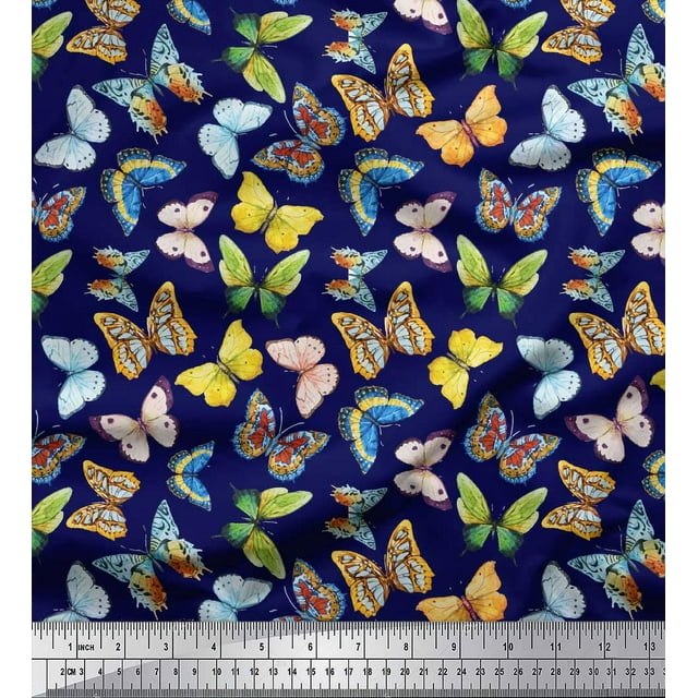 Soimoi Blue Georgette Viscose Fabric Colorful Butterfly Print Sewing Fabric Yard 42 Inch Wide