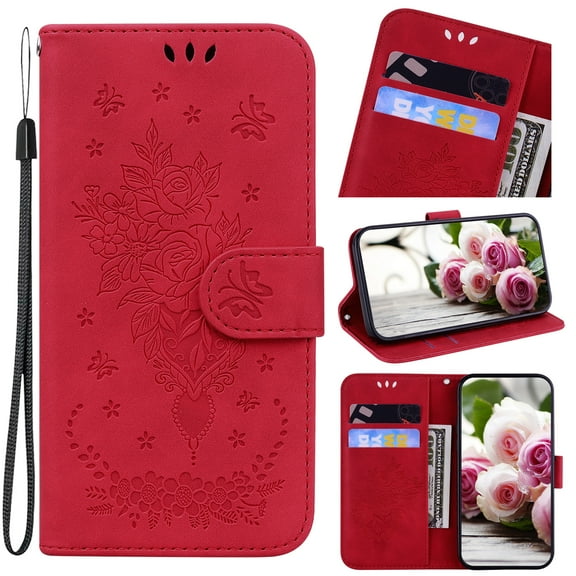TECH CIRCLE for Google Pixel 6 5G Wallet case,Durable Luxury Flower Embossed PU Leather Magnetic Folio Flip Pocket Kickstand Women Men Card Slots Phone Case for Google Pixel 6 5G 6.4" 2021,Red