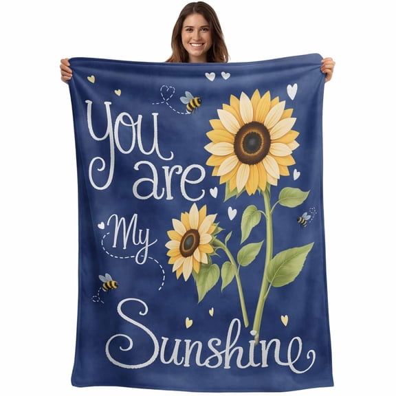 You Are My Sunshine Blanket Soft Cozy Warm Throw Blanket for Couch, Plush Fuzzy Flannel Fleece Blankets for Sofa, Yellow Sunflowers Cute Bees Heart Blue Bed Blankets Gifts for Men, 50"x60"