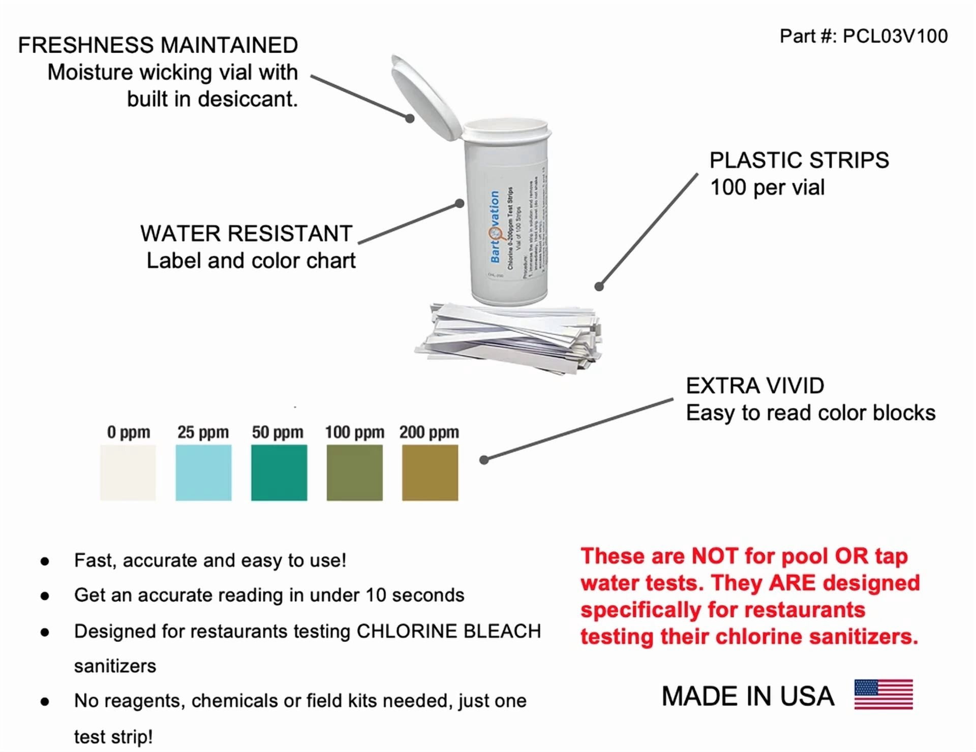 CRESTIN- Mid-Level Chlorine Test Strips, 0-200 Ppm [Vial Of 100 Plastic Strips]