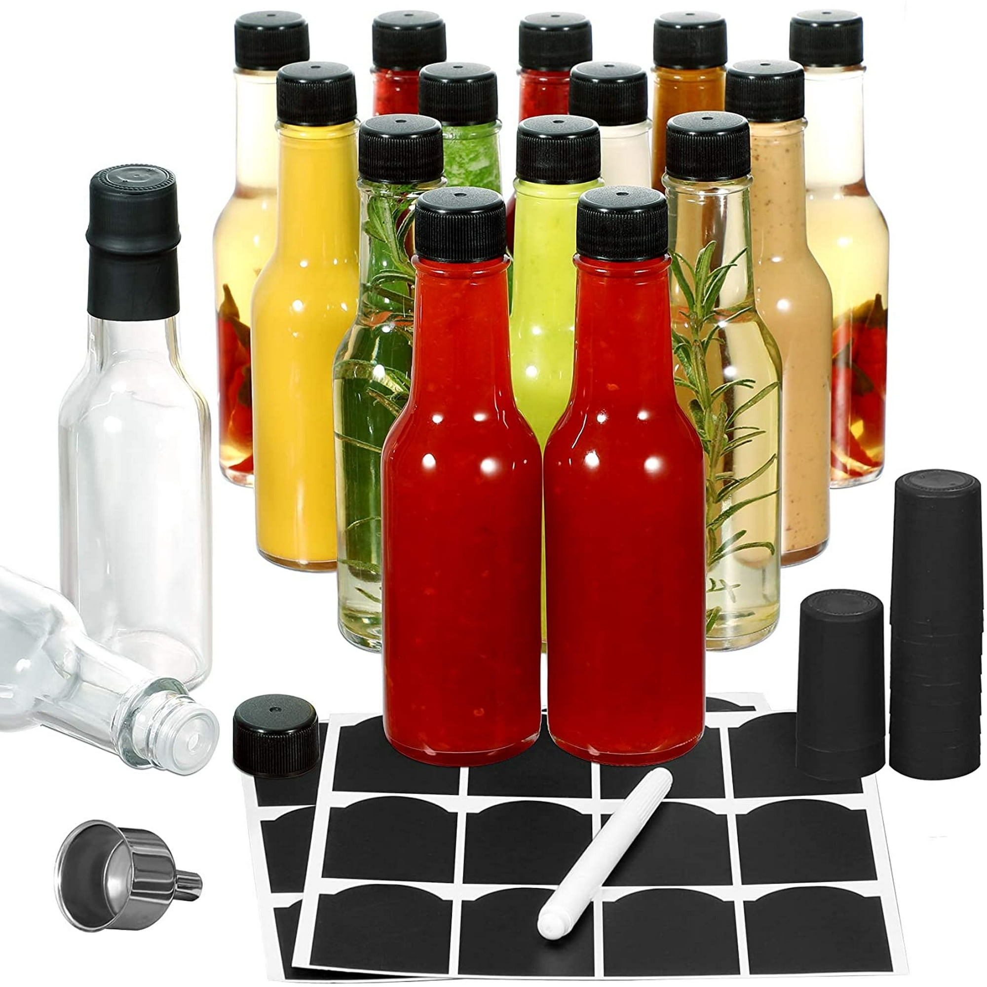 16-PACK Hot Sauce Bottles 5oz with Caps and Shrink Capsule, Funnel for Kitchen, Chalkboard Labels, Mini Wine Bottle Hot Sauce Kit, Woozy Bottle for ...