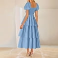 thumbnail image 3 of Womens Square Neck Smocked Dress Summer Puff Short Sleeve Casual Ruffle Tiered Maxi Wedding Guest Dresses, 3 of 5