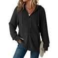 thumbnail image 2 of Otntypg Full Zip up Hoodie Jackets for Women Lightweight Casual Fall Waffle Knit Long Sleeve Drawstring Hooded Pullover Sweatshrits Loose Fit Cozy Knitwear Tops with Pockets Black M, 2 of 5