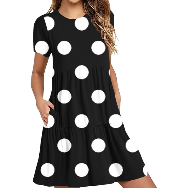 Hyknon Robes pour Femmes Mode Été Décontracté Manches Courtes Robe T-Shirt à Étages Mini Robes avec Poches Décontracté Doux Fluide Ample Robes