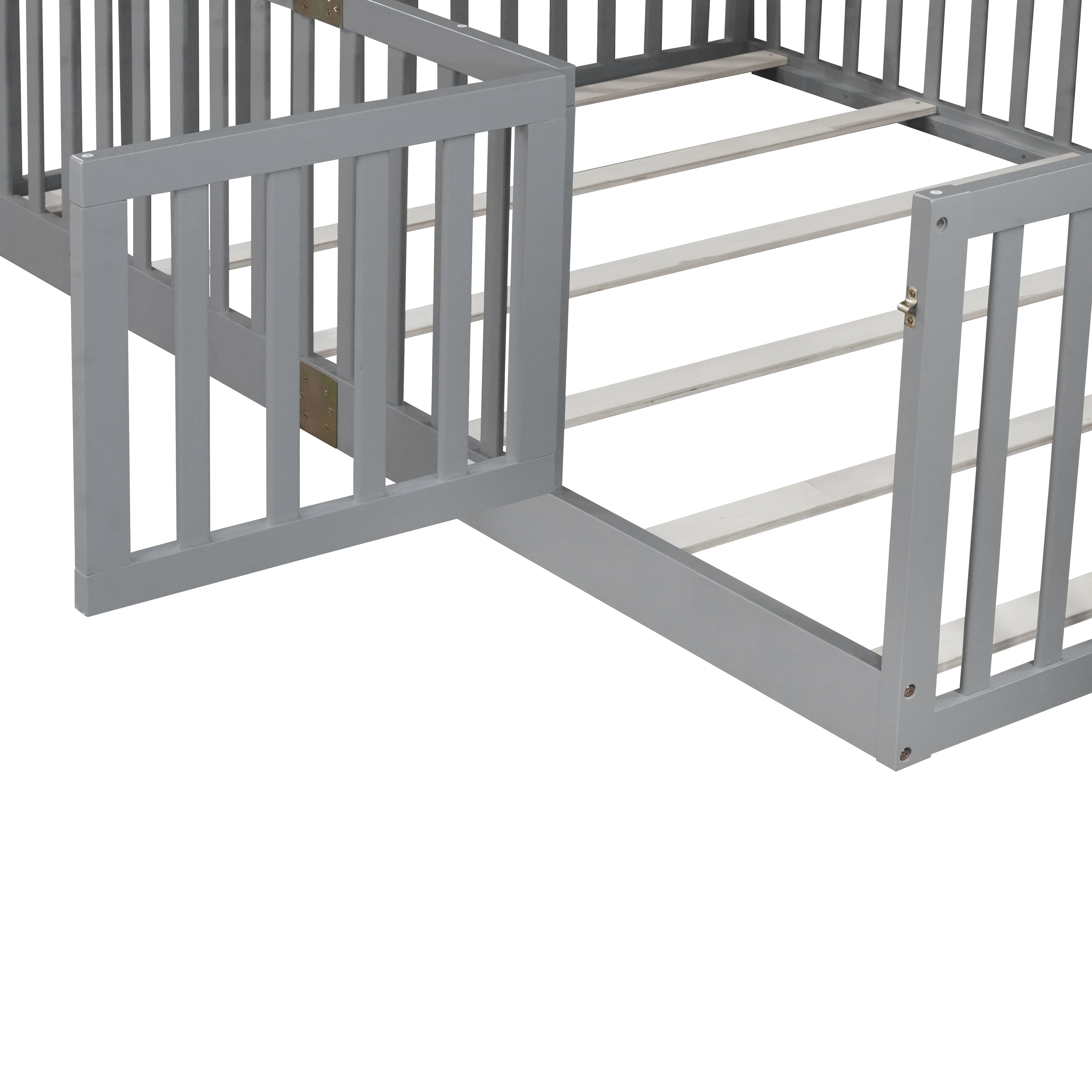 Holaki Wood Full Size Floor Bed with High Fence Railings for Kids, Gray