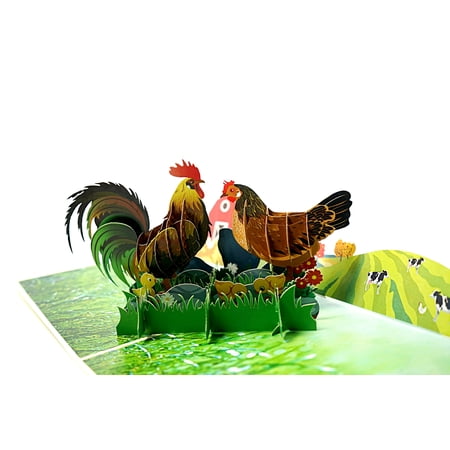 Wonder Paper Art Pop-Up Greeting Card Chicken Family Birthday Farm Theme 1-Count