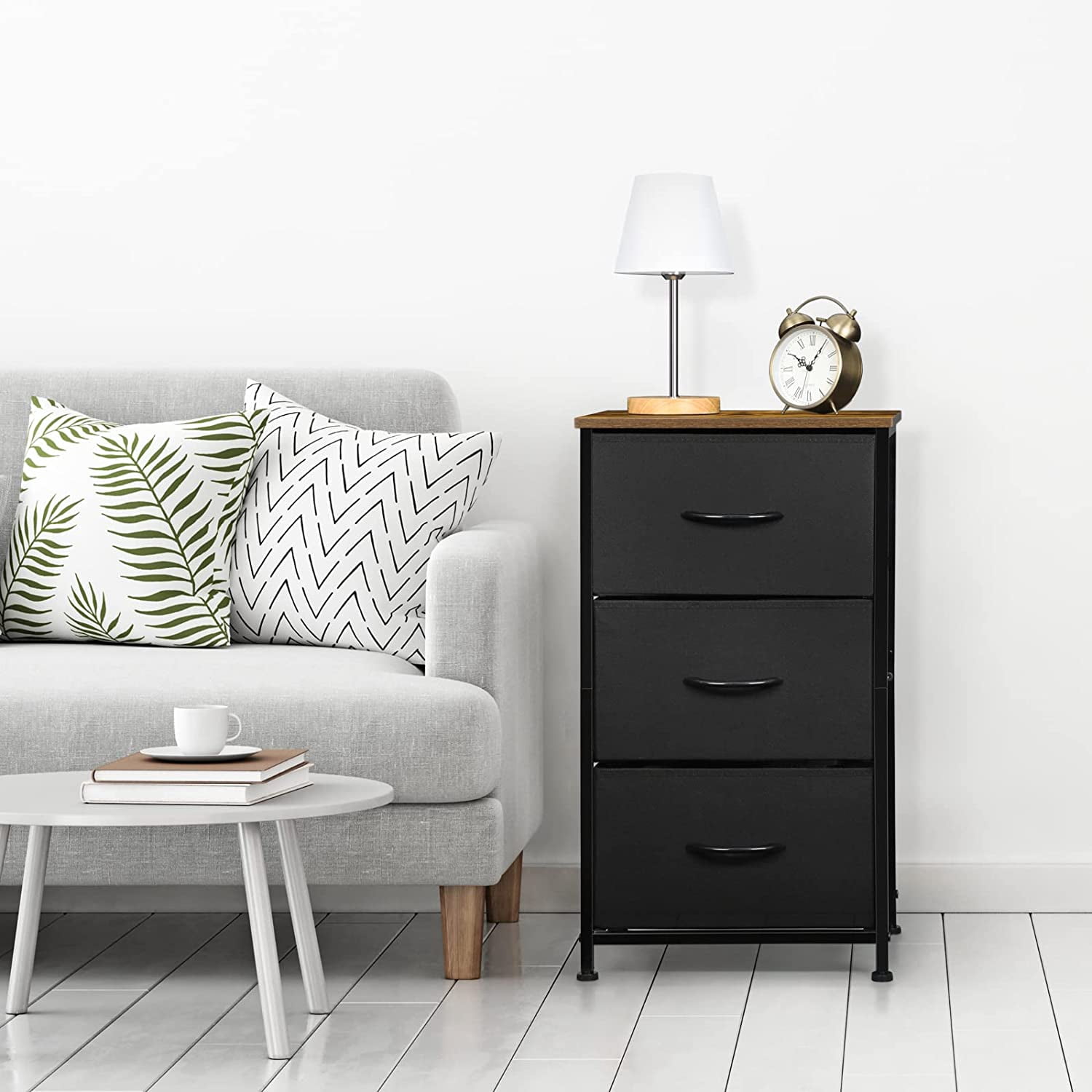 Small Nightstand Dresser, 3 Drawer Fabric Storage Bins Organizer, Black
