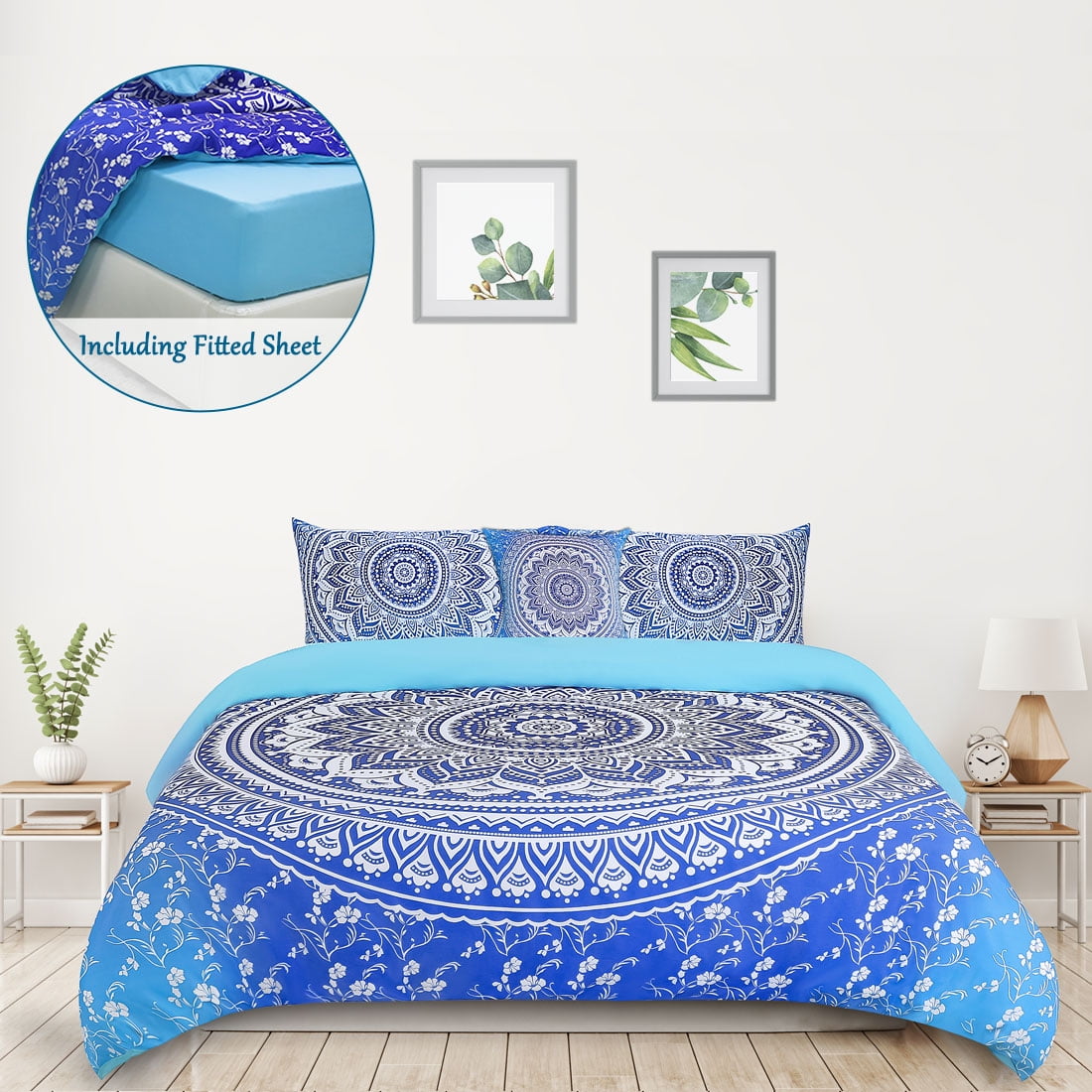 PiccoCasa 5Pieces Bohemian Duvet Cover Set Polyester Bedding Set Light Blue Queen