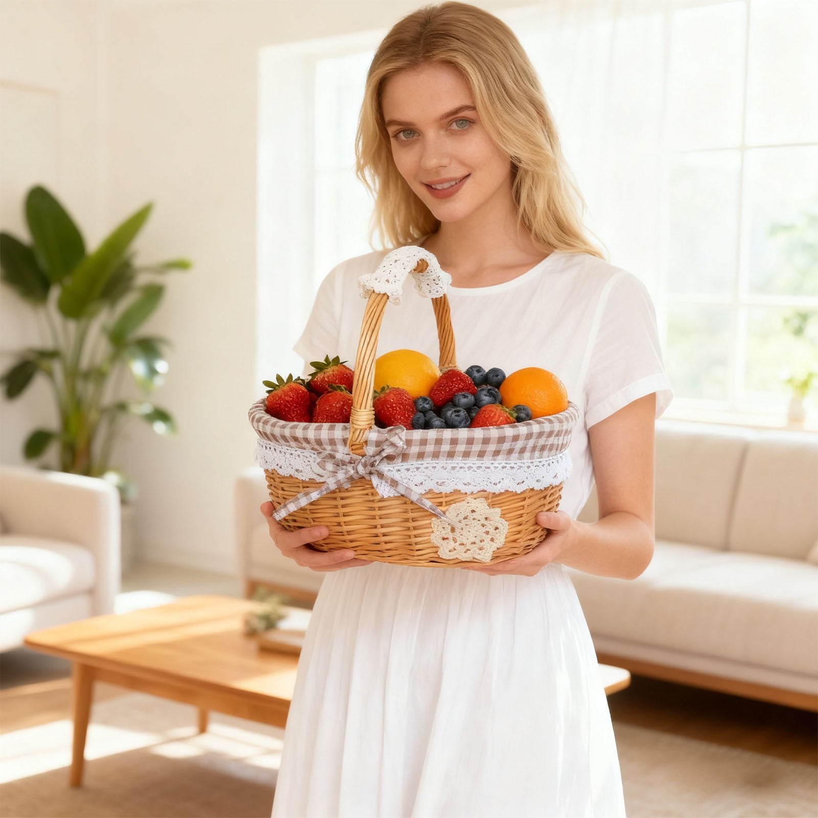 Natural Wicker Basket with Double Handles & Washable Gingham Liner, Small Hand Woven Empty Basket for Easter Gifts, Picnics, Home Decor, Candy Fruit Storage