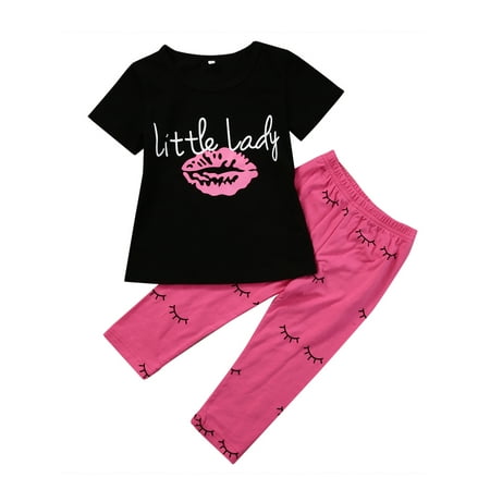 

JBEELATE Toddler Baby Girl Short Sleeve Lips Printed T-shirt Top Long Pants Outfit