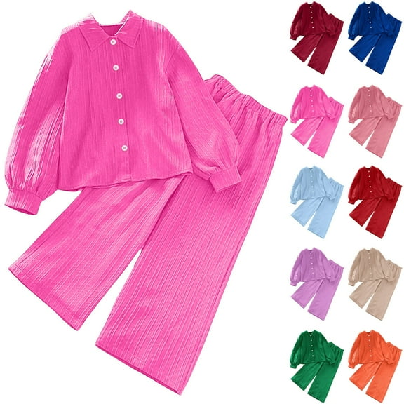 Ashirexll Toddler Outfits for Girls Spring Solid Color Long Sleeve Lapel Shirt with Elastic Waist Pants 2 Piece Set Girls Clothing Sets