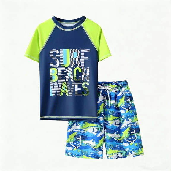 Djtdsds Boys 2 Piece Rash Guard Set Crew Neck Short Sleeve Surf Beach UPF 50 Size:11-12 Years