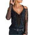 thumbnail image 1 of Camiseta de manga larga con lunares de malla empalmada de encaje con cuello en V informal para mujer Fridja  hkj3852, 1 of 5