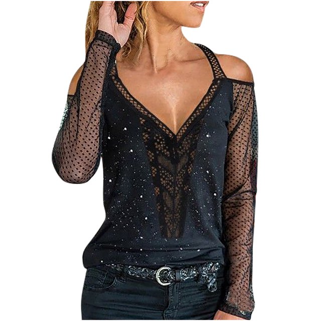 Camiseta de manga larga con lunares de malla empalmada de encaje con cuello en V informal para mujer Fridja hkj3852