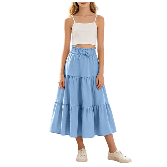 ASEIDFNSA Girls Smocked Waist Maxi Skirt with Tiered Hem Long A Line Fit and Soft Fabric (Blue,7-8 Years)