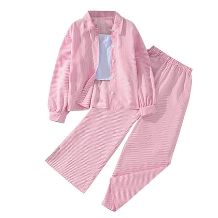 

fatyb 3-12T Girls 2 Piece Stripe Outfits Wide Leg Pants Button down Collar Shirts Kid Girls Clothes Set