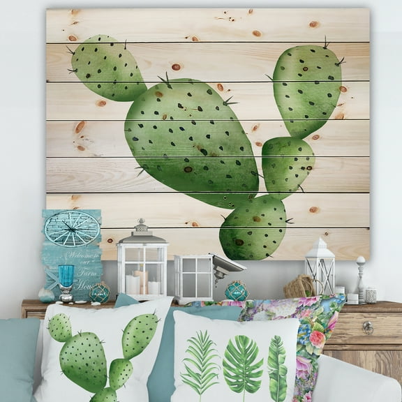 Designart 'Close Up Green Southwestern Cactus' Botanical Print on Natural Pine Wood