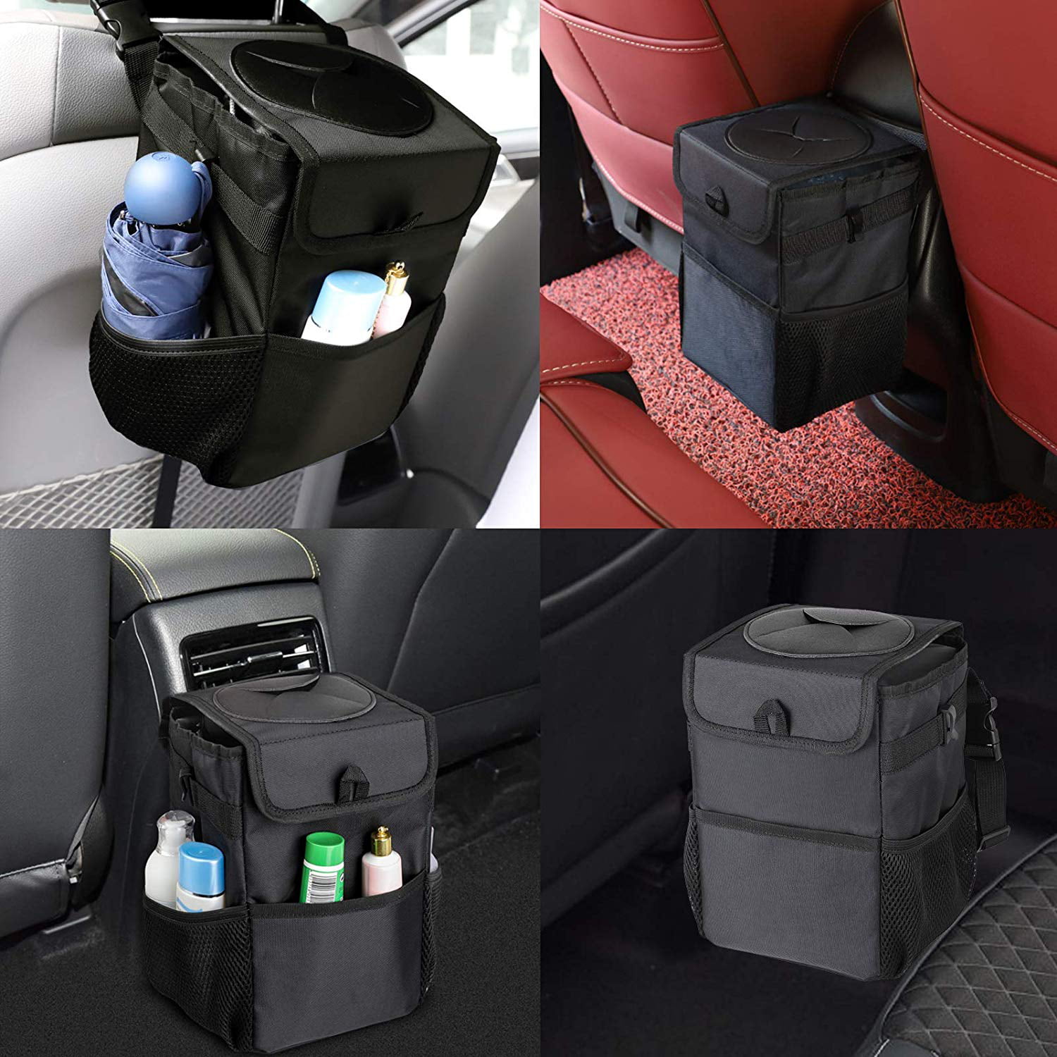 SINYSO Upgraded Car Trash Can with Lid and 3 Storage Pockets Multipurpose Car Organizer for Vehicles 100% Leak-Proof Free-Hanging Collapsible 3.2 Gallon Black