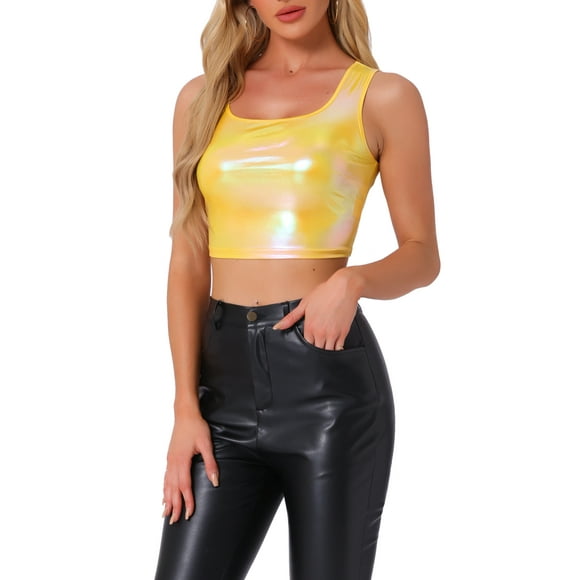 Allegra K Women's U Neck Sleeveless Party Clubwear Holographic Shiny Metallic Crop Top L Yellow