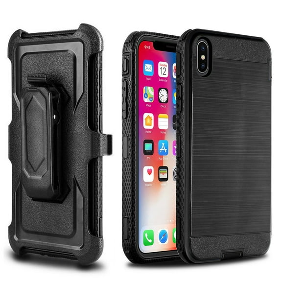 iPhone X XS Case, Mignova Belt Swivel Clip Full Body Protective Rugged Plastic Heavy Duty Armor Holster Defender Hybrid Case Cover with Kickstand for Apple iPhone X XS (Black)