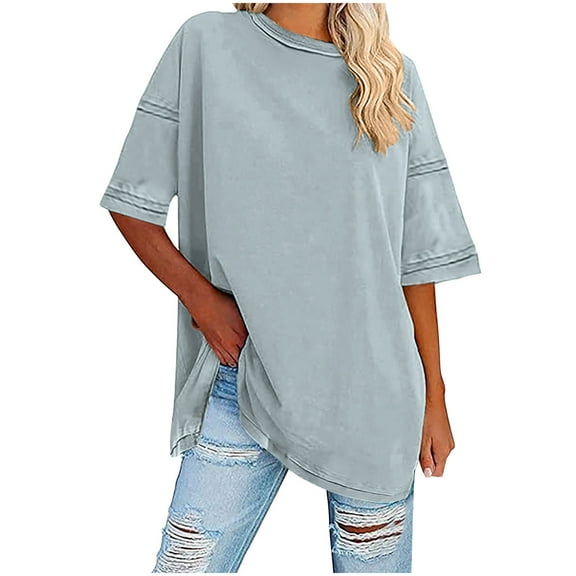 Otntypg Oversized Workout T Shirts for Women Trendy Solid Color Cotton Loose Fit Crewneck Casual Summer Basic Tee Drop Shoulder Tops Gray S