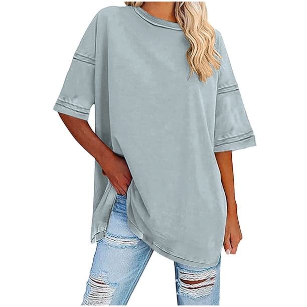 Tops Largos para Leggings Suelto Casual Color Sólido Manga Corta Superior, Cuello Redondo Irregular Hembra Camiseta