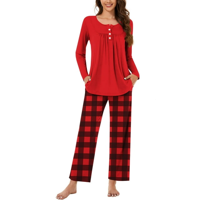 UAMVSH Ensembles de Pyjamas pour Femmes à Manches Longues, à Boutons, Col Ras du Cou, Vêtements de Nuit, Chandail et Bas de Détente Plissés, Tenue de Détente Deux Pièces (Rouge Moyen)