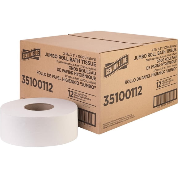 Genuine Joe Jumbo Jr Dispenser Bath Tissue Roll - 2 Ply - 3.30" X 1000 Ft - 8.88" Roll Diameter - White - Fiber - Sewer-safe, Septic Safe - For Bathroom - 12 / Carton