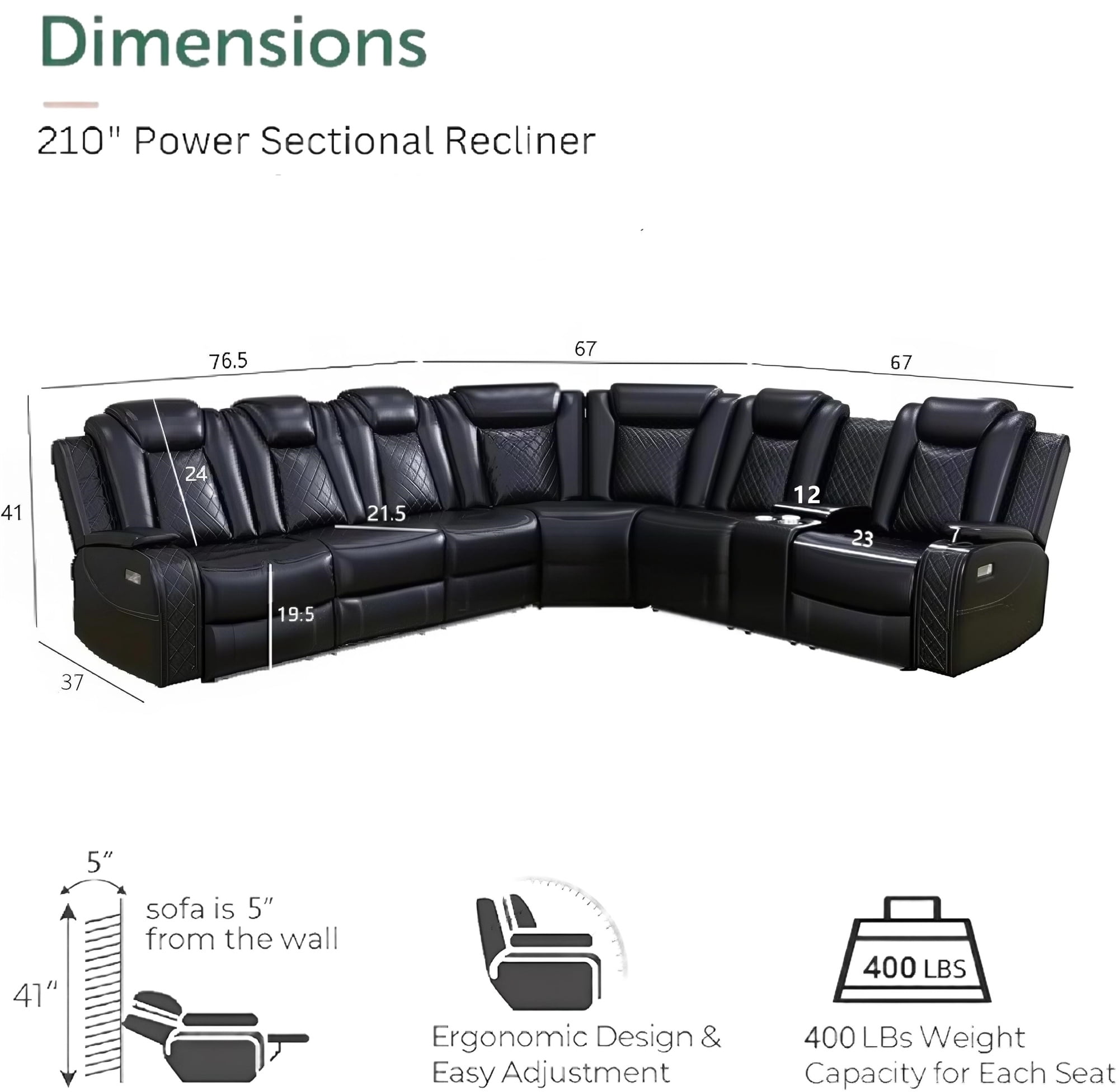 Aukfa 3-Piece Power Recliner Sofa Set 6 Seat Sectional Couch with LED Light, Cup Holders&Storage Console, Black