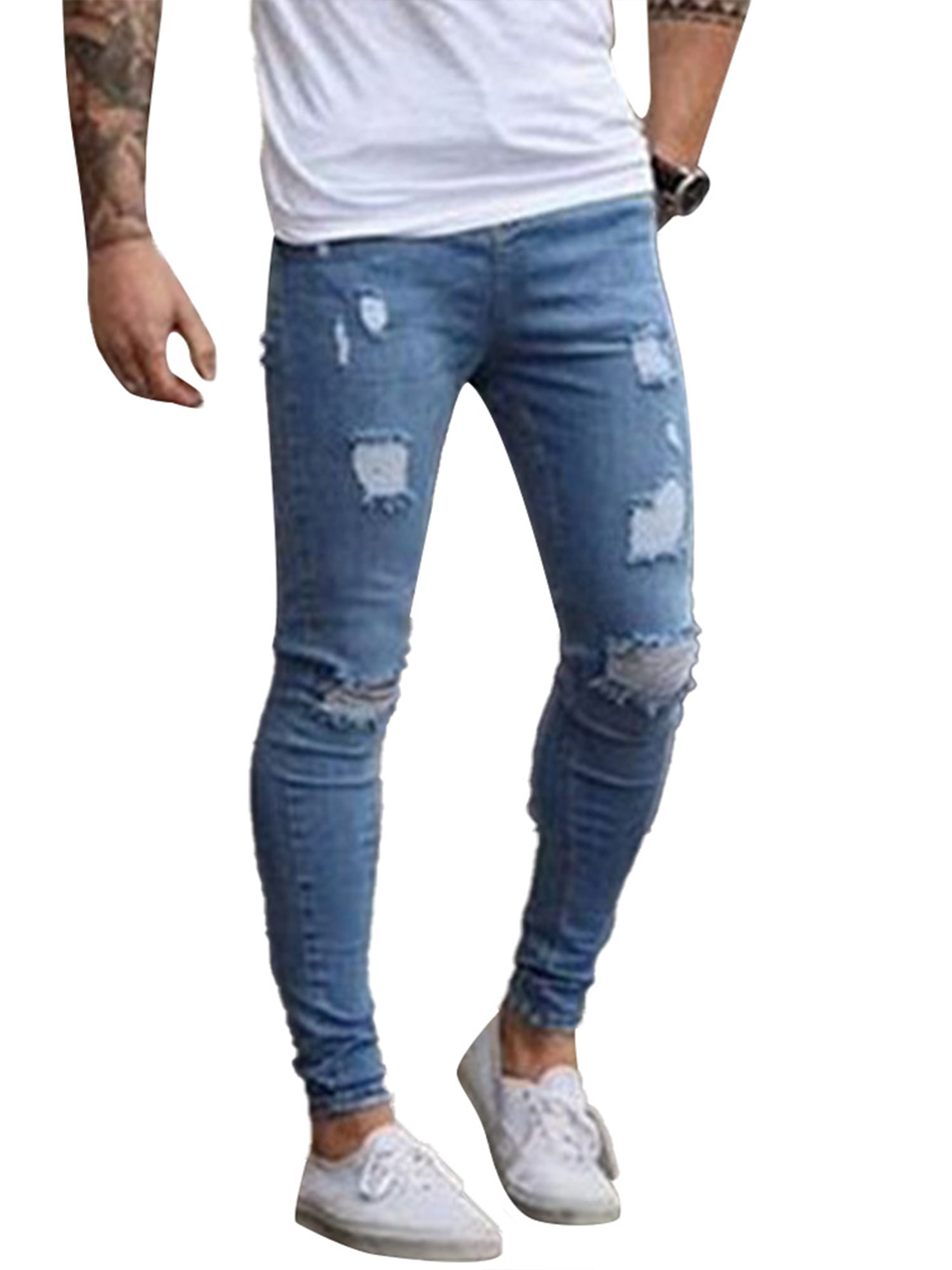 FEIMEN Fashion Mens Skinny Ripped Destroyed Distressed Jeans Plain Stretch  Frayed Slim Fit Jegging Pants Light Blue 3XL 