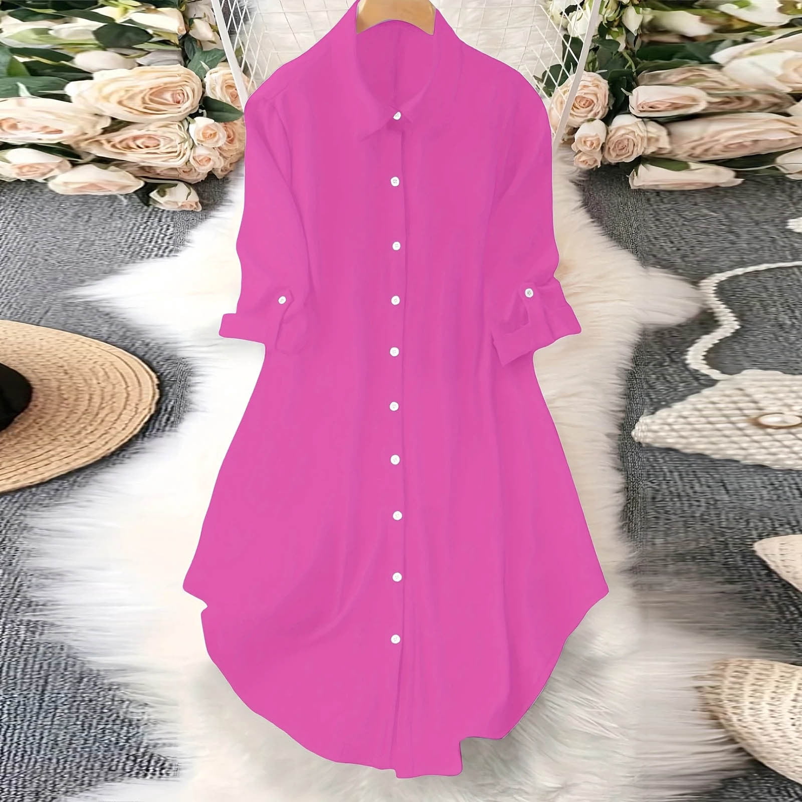 JGGSPWM Women's Casual Button Down Maxi Shirt Dress 3/4 Sleeve Solid Turn Down Collar Shirt Tunic Long Dress Pink XL