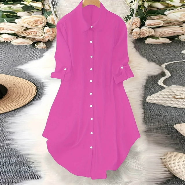 Soki Robe Chemise Boutonnée pour Femmes avec Poches, Col Oversize, Manches Longues, Tunique Asymétrique